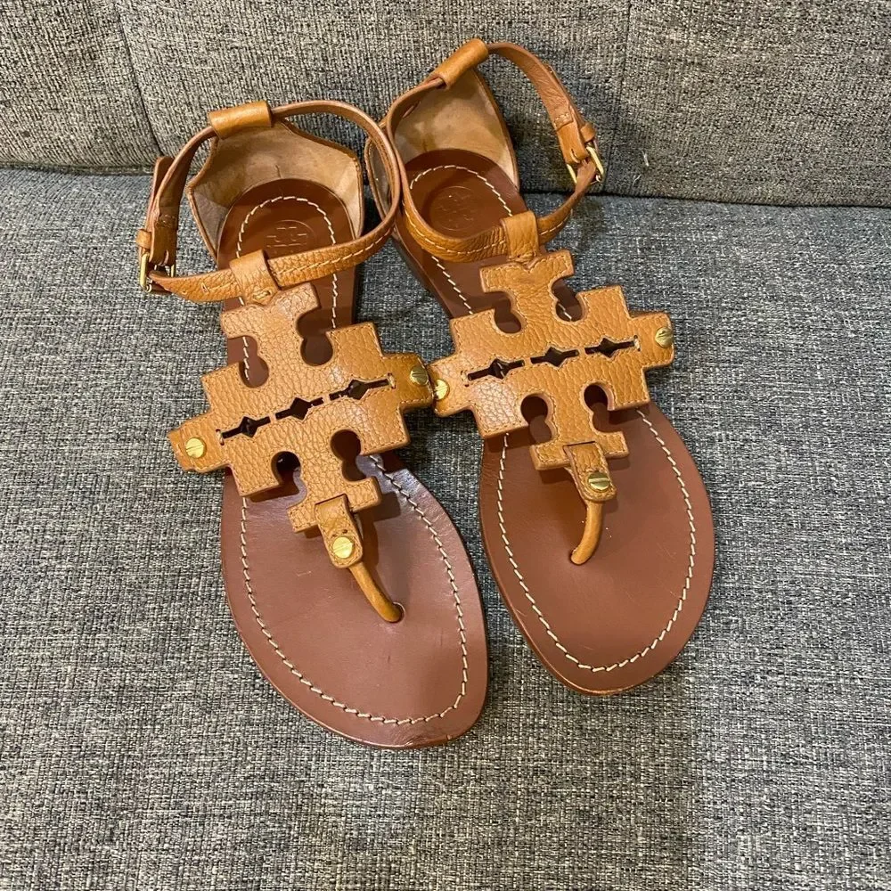 Tory Burch Phoebe Tan Leather Flats Thong Sandals Women’s Size 7
